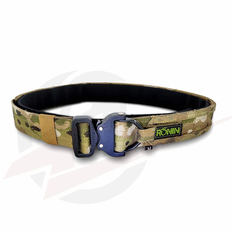 Ronin style tactical belt in camouflage design with sturdy buckle and adjustable fit for outdoor activities