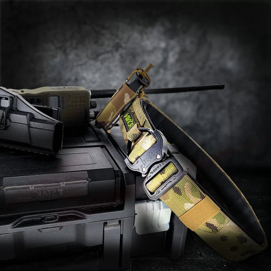 Ronin style tactical belt in camouflage with durable buckle, ideal for outdoor and military use