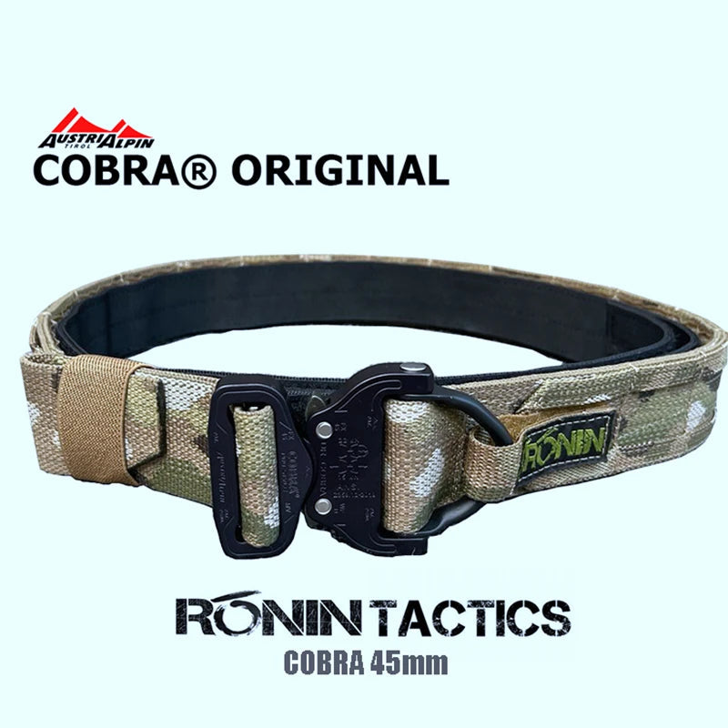 Ronin style tactical belt with COBRA buckle in a camouflaged design for outdoor use