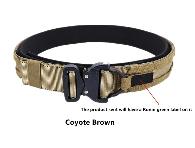 Coyote Brown Ronin style tactical belt with a durable buckle and adjustable design