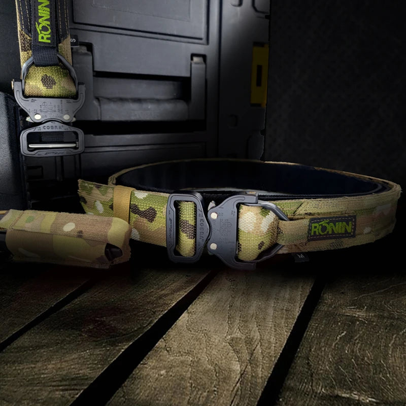 Ronin style tactical belt in camouflage design, ideal for outdoor adventures and military use.