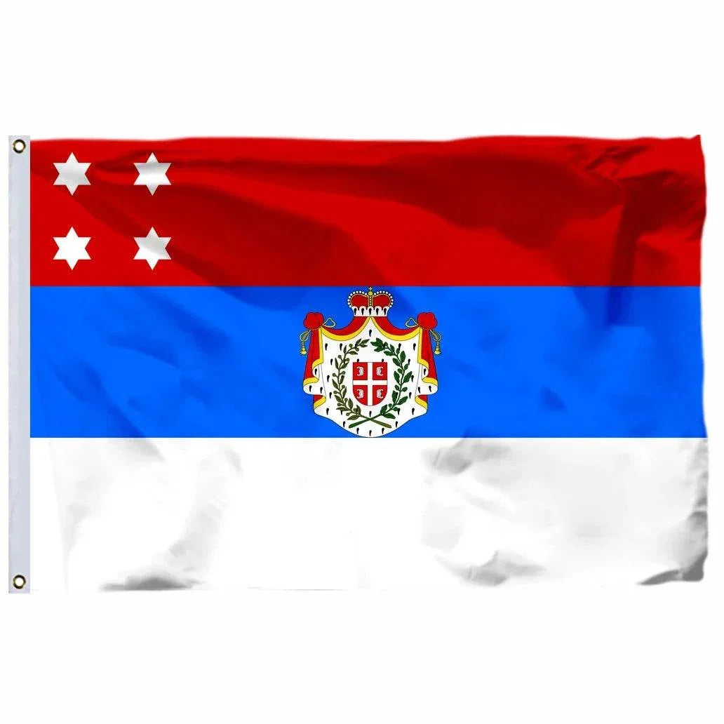 Serbia and Republika Srpska flags waving in the wind, showcasing vibrant colors and symbols
