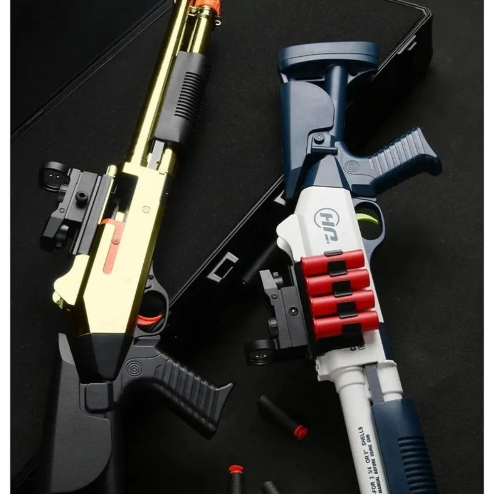 Shell ejecting shotgun toy in black and gold for realistic play
