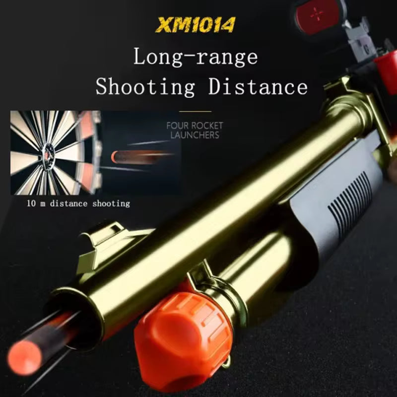 Shell ejecting shotgun toy with long-range shooting distance and four rocket launchers for outdoor play