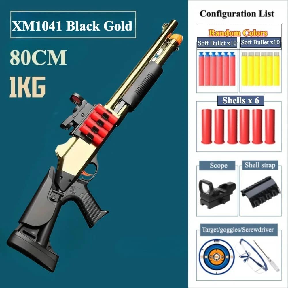 XM1041 Black Gold Shell Ejecting Shotgun Toy with 6 Shells and Soft Bullets