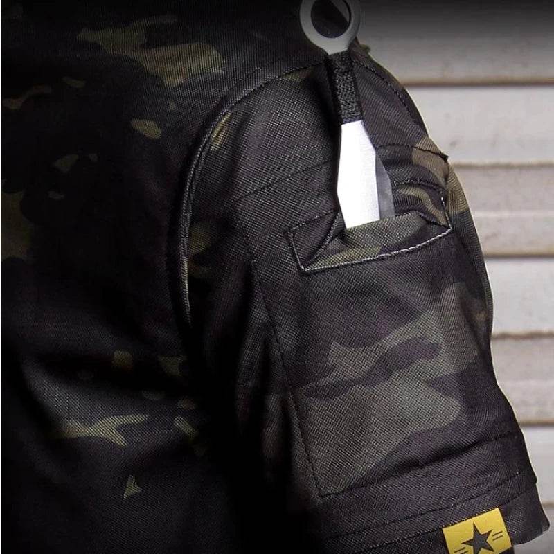 Black camouflage short sleeve outdoor shirt with utility pocket