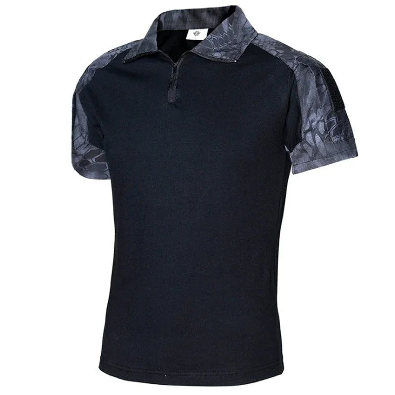 Black Tactical T-Shirt with Camouflage Sleeves for Outdoor Activities