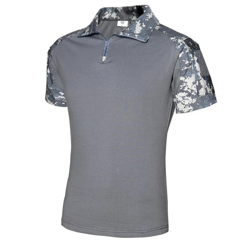 Gray Tactical T-Shirt with Camouflage Sleeves for Outdoor Activities