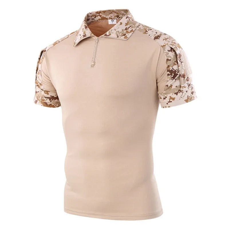 Tactical T-Shirt in tan with short sleeve outdoor shirt design for durability and comfort