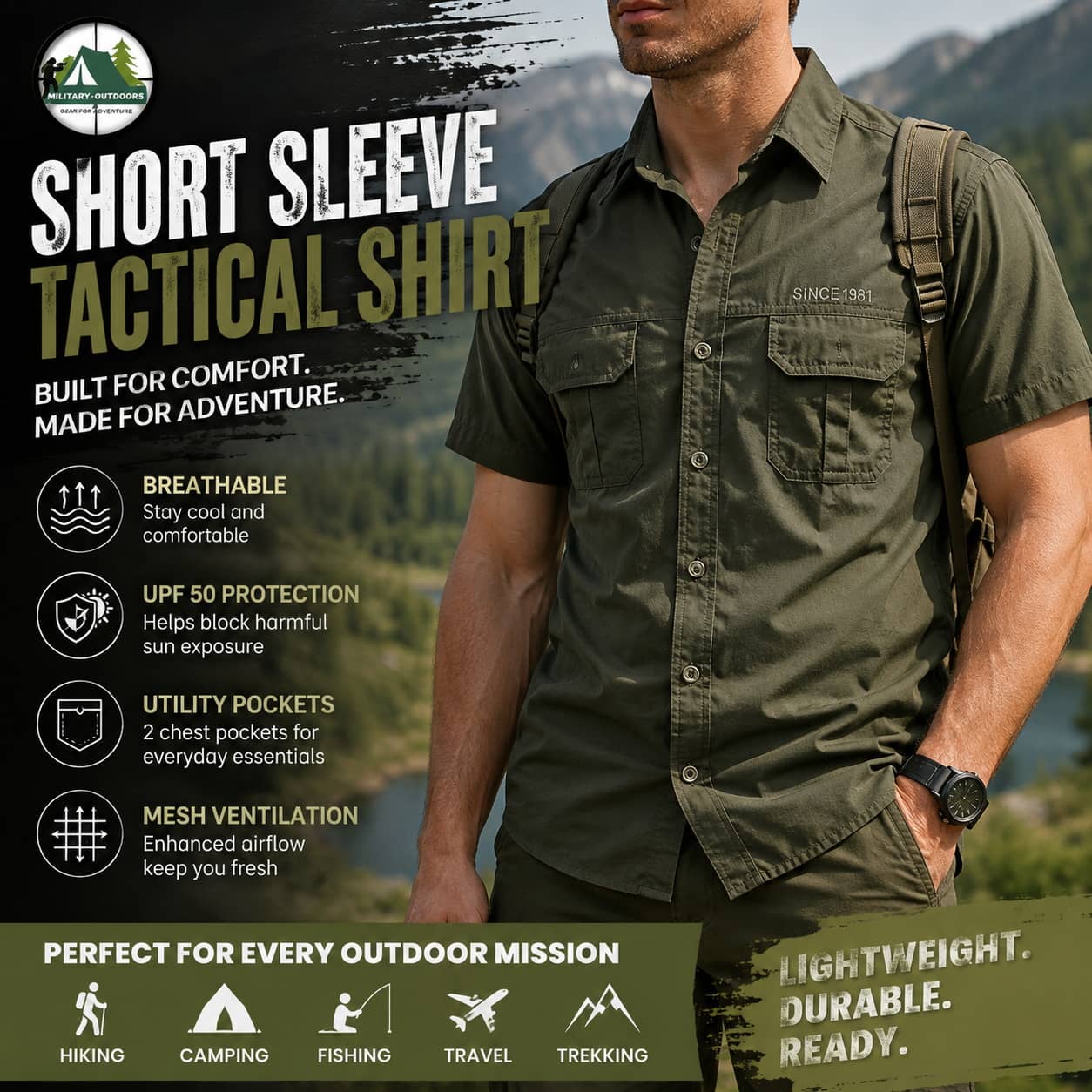 Short sleeve tactical shirt in green, built for comfort and outdoor adventures