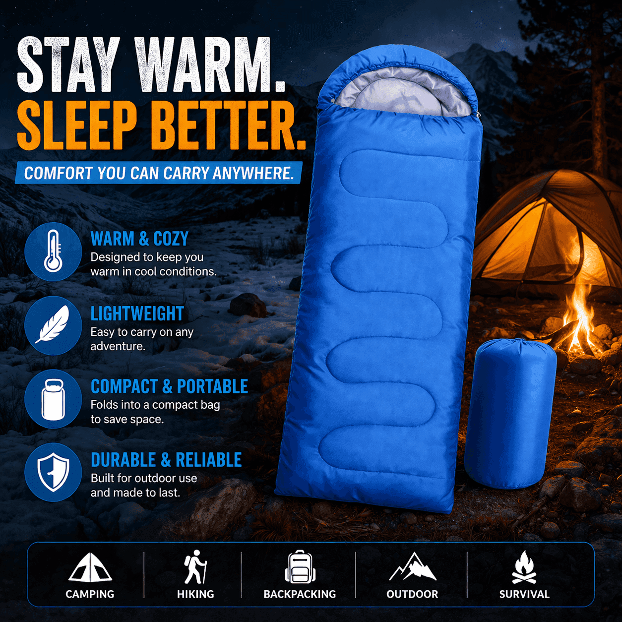 Blue warm sleeping bag designed for camping and outdoor comfort
