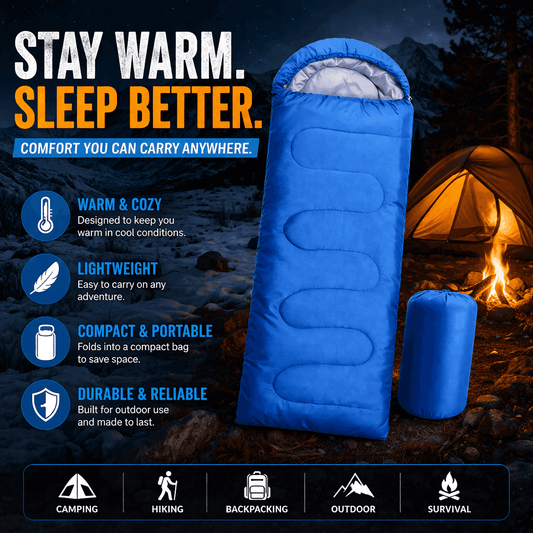 Blue warm sleeping bag designed for camping and outdoor comfort