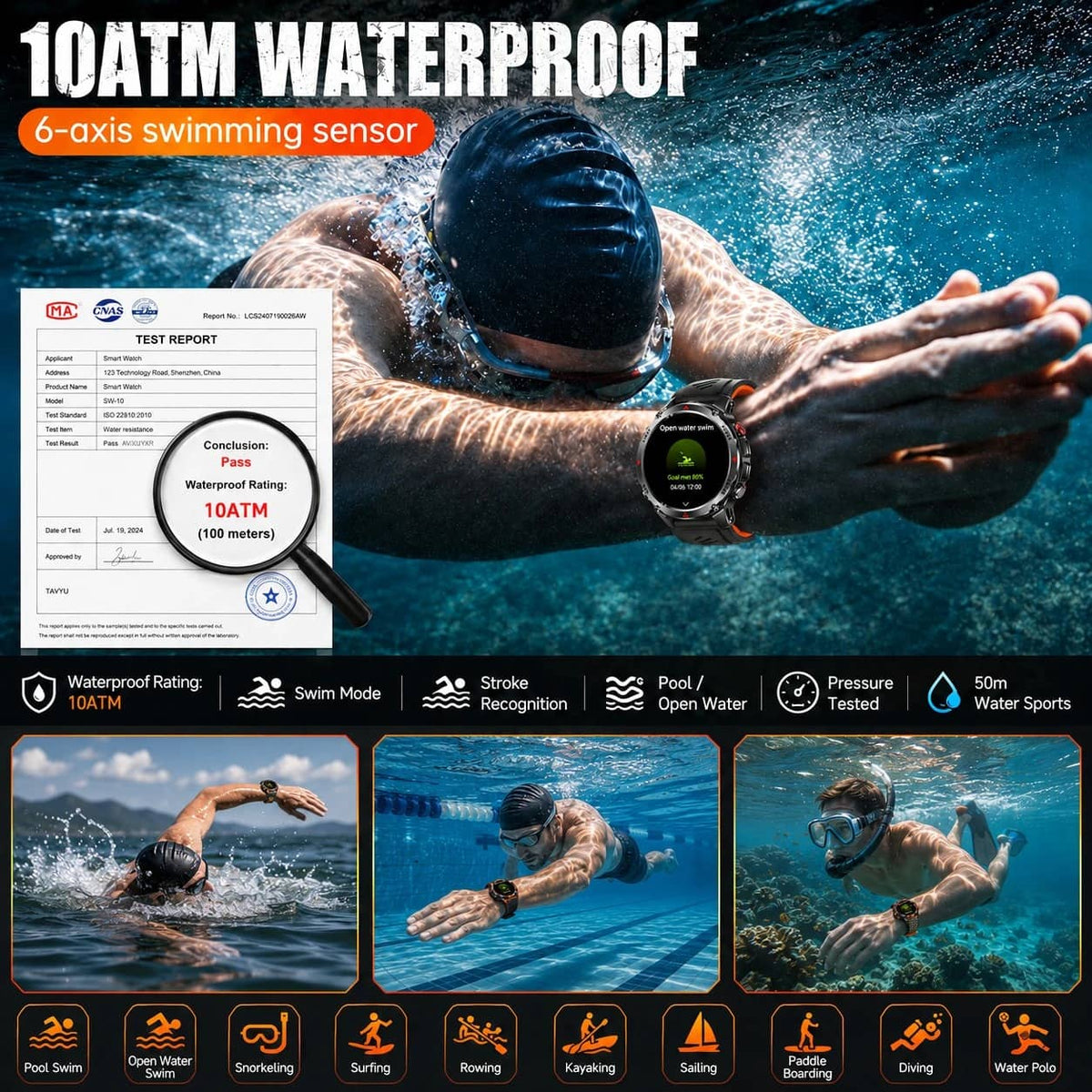 Military-Outdoors smart GPS watch with 10ATM waterproof rating and 6-axis swimming sensor