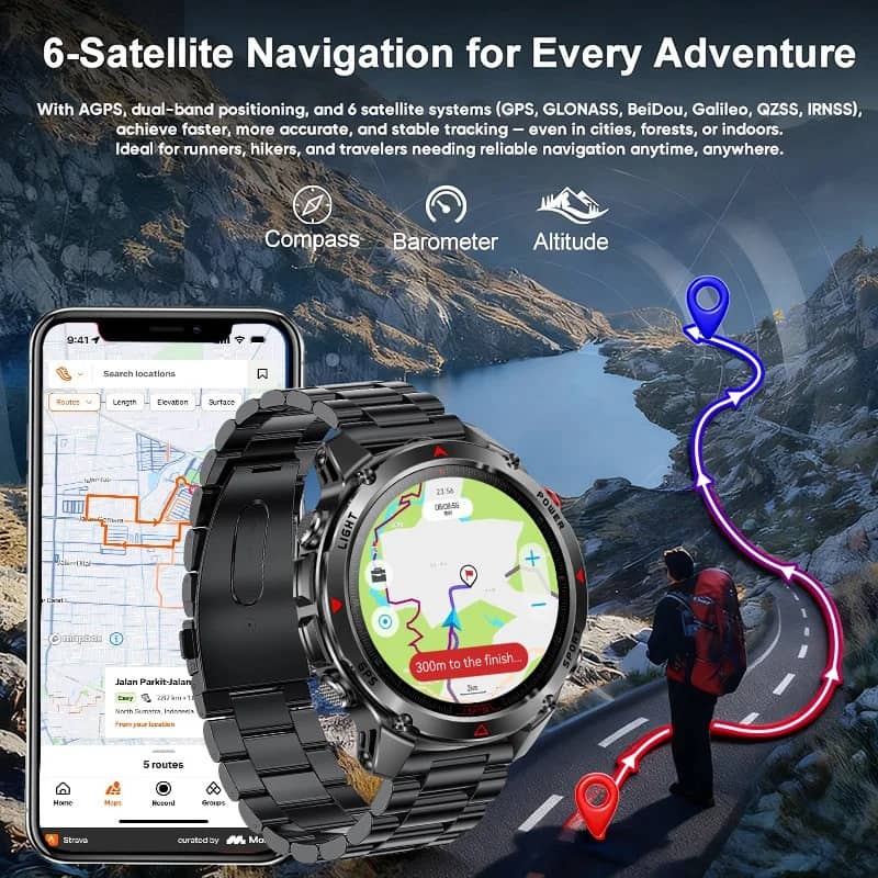 Military-Outdoors Smart GPS Watch in Black with 6-Satellite Navigation for Outdoor Adventures