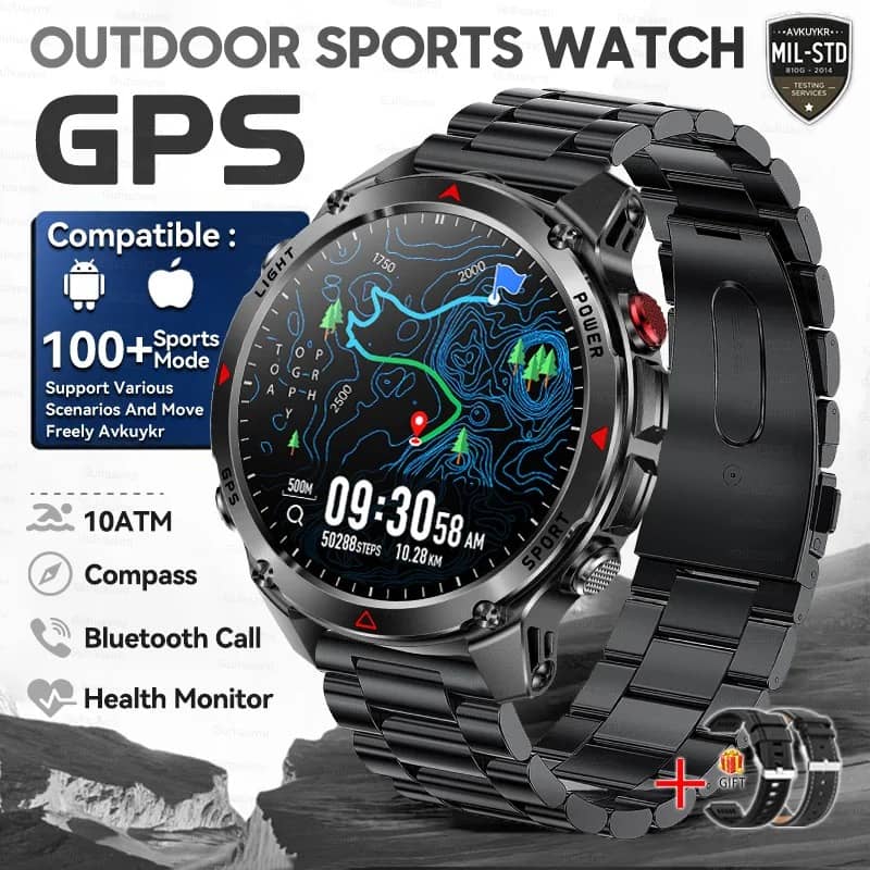 Outdoor smart GPS watch with health monitor and compass features