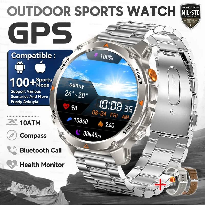 Outdoor Smart GPS Watch with Stainless Steel Band and Health Monitor