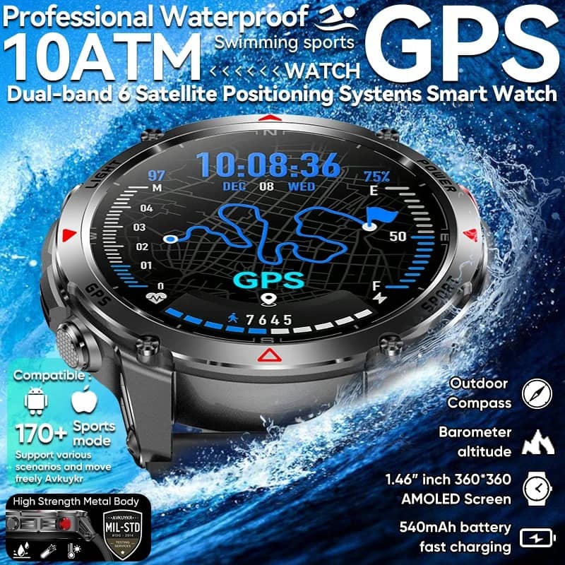 Military-Outdoors Smart GPS Watch with 10ATM waterproof and AMOLED display for outdoor sports