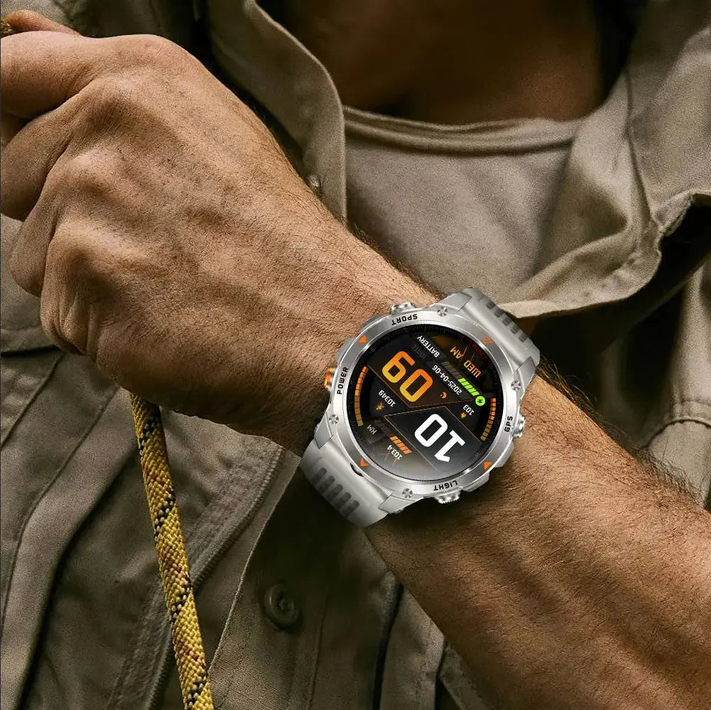 Outdoor smart GPS watch in silver with durable design for outdoor adventures