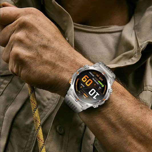 Military-Outdoors smart GPS watch in silver with durable design for outdoor adventures