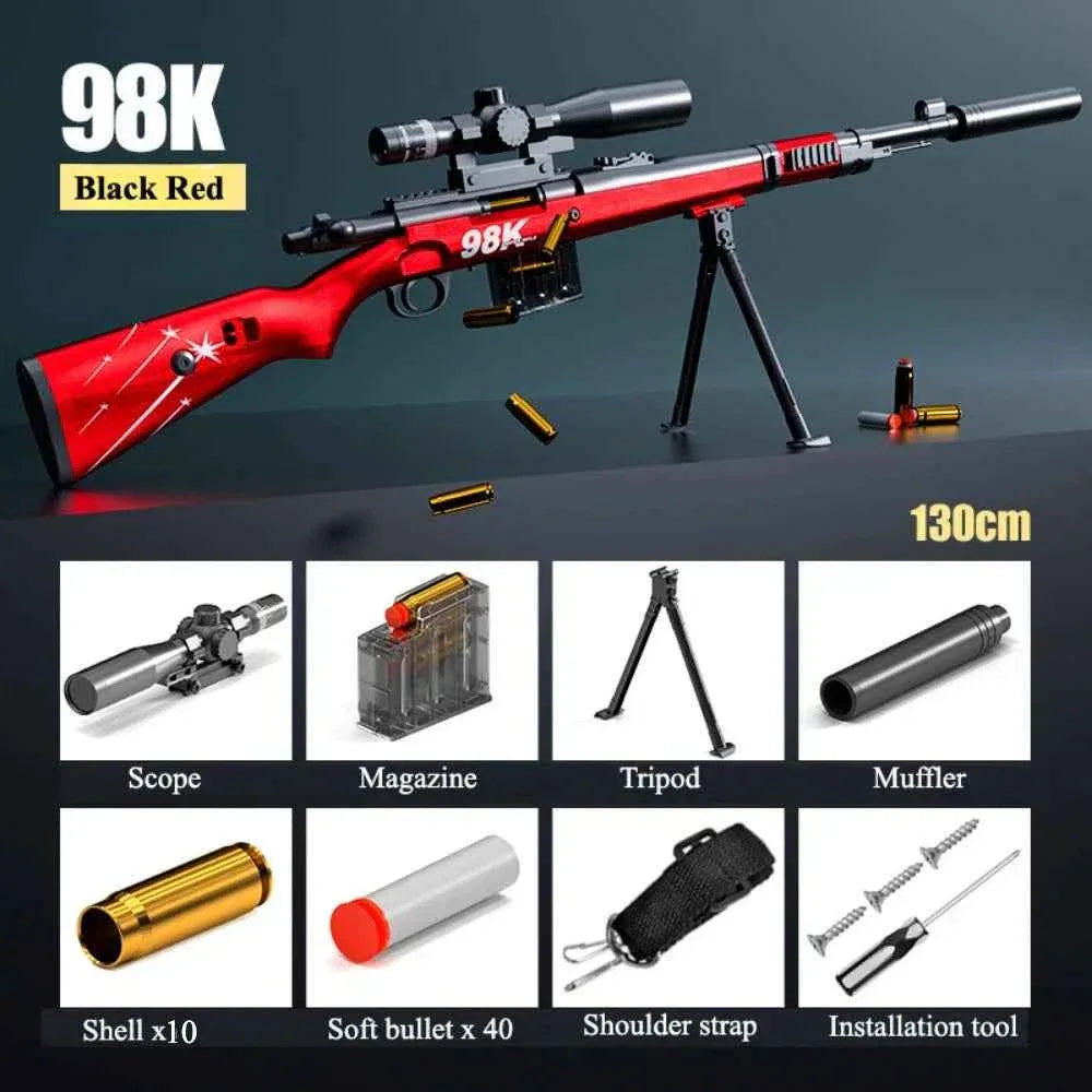 98K Black Red Soft Bullet Sniper Rifle Toy with Scope and Tripod for Outdoor Play