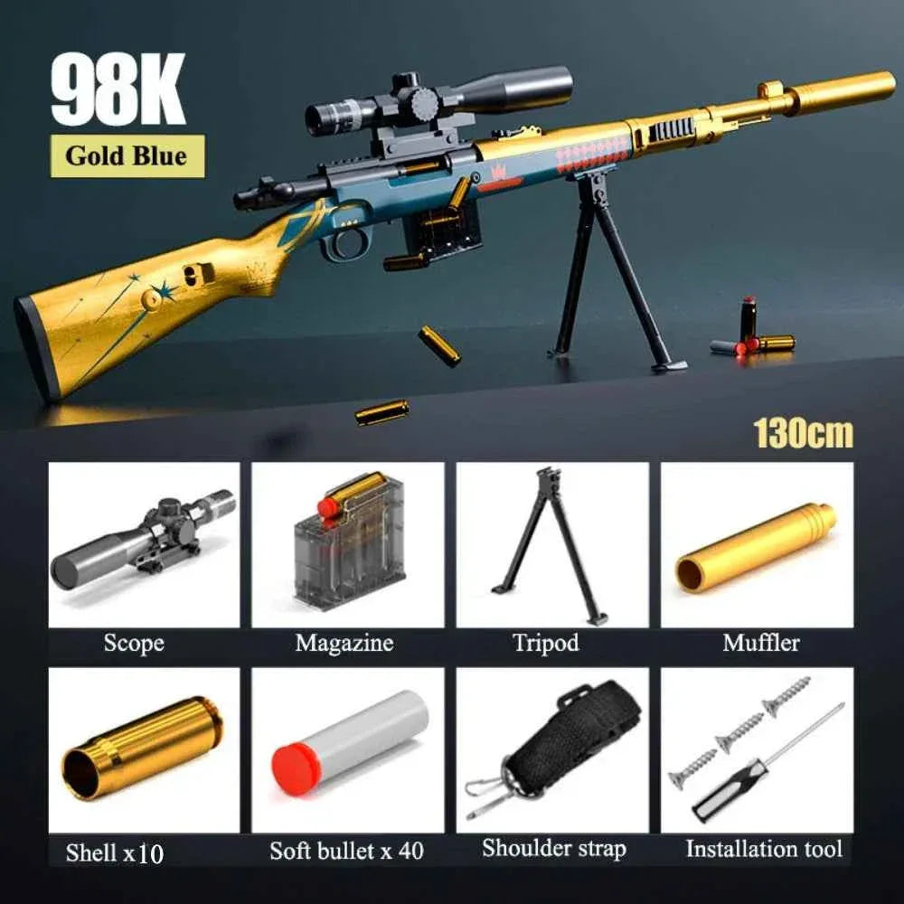 Military-Outdoors Gold Blue Soft Bullet Sniper Rifle Toy with Scope and Tripod for Kids