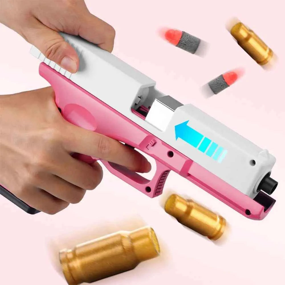 Pink toy gun with soft bullets for toy guns and colorful bullet accessories in mid-air