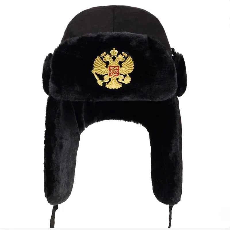 Soviet Army winter hat with ear flaps and gold emblem for warmth and style