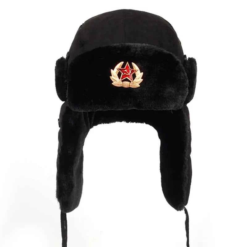 Soviet Army winter hat with fur lining and emblem for warmth and style in cold weather