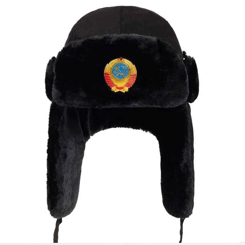 Soviet Army winter hat with ear flaps and emblem for cold weather wear