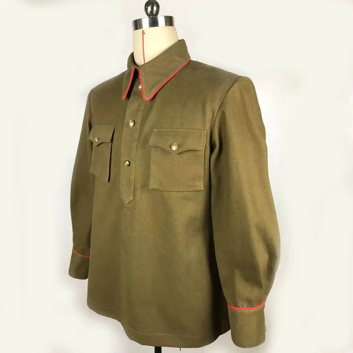 Soviet Commissar uniform in olive green with red accents for historical reenactments