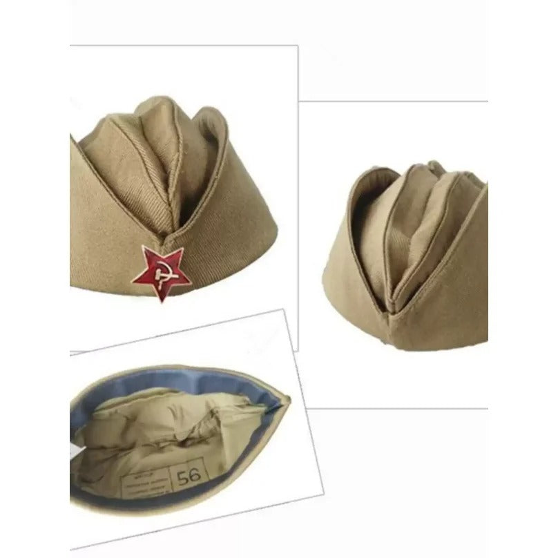 Soviet pilotka cap in khaki with iconic red star emblem