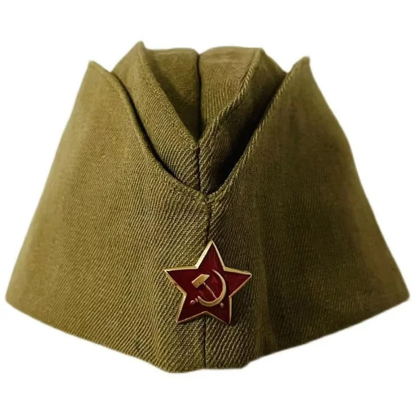 Soviet pilotka cap in olive green with iconic red star emblem