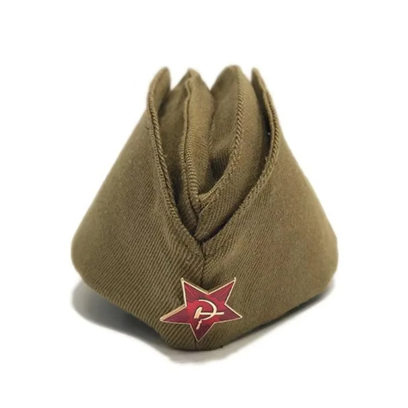 Soviet pilotka cap in olive green featuring iconic red star emblem