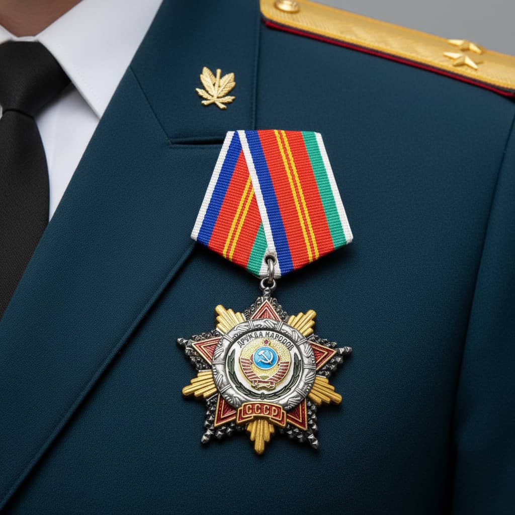 Soviet-style collectible medal with golden star design and ribbon for historical display and collectors