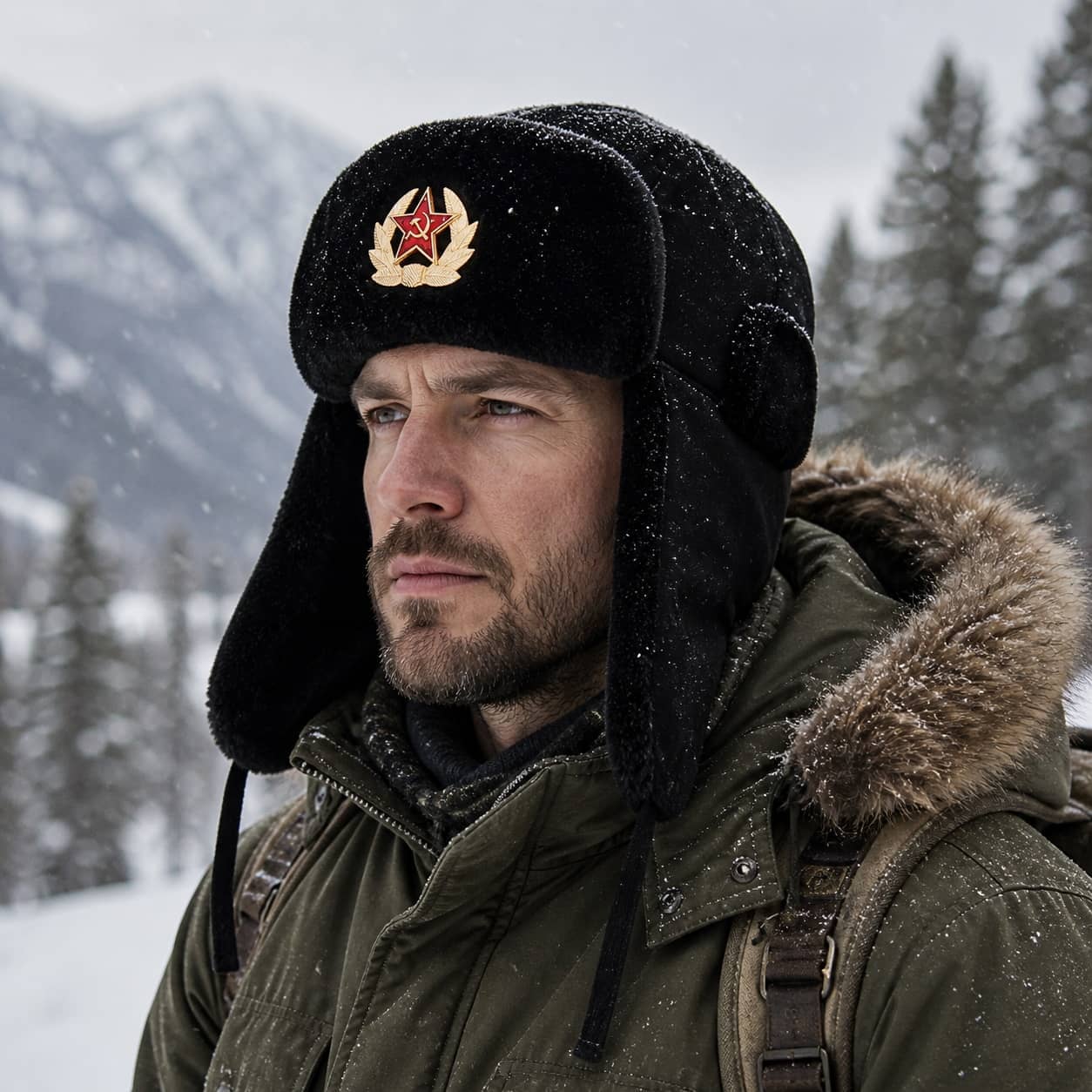 Soviet winter hat in black with ear flaps for cold weather protection