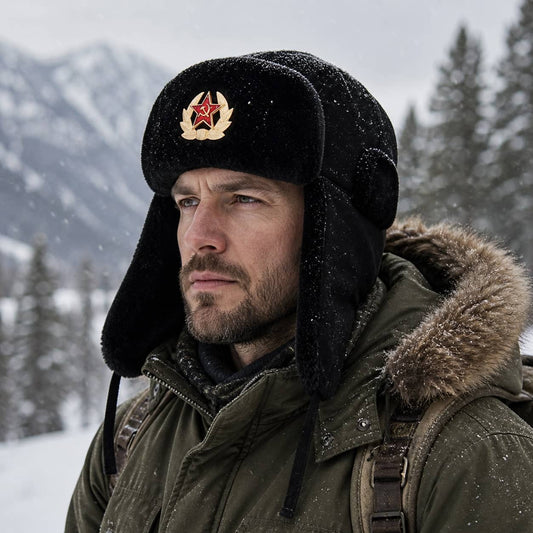 Soviet winter hat in black with ear flaps for cold weather protection