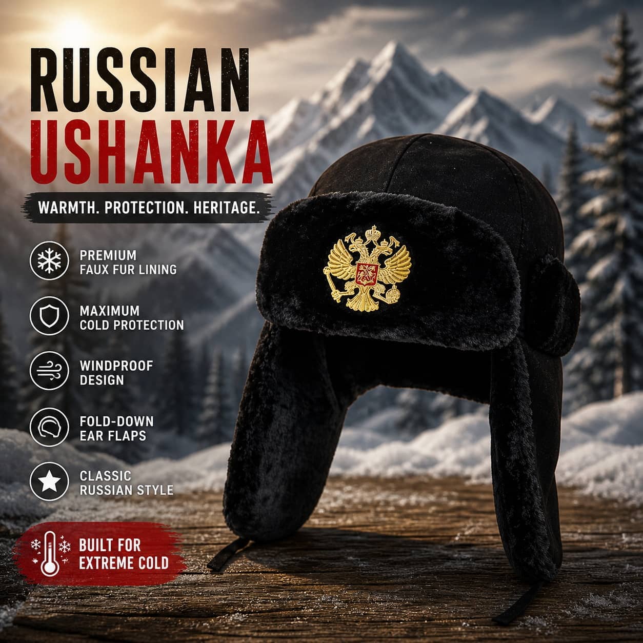 Soviet winter hat in black with faux fur lining for extreme cold protection