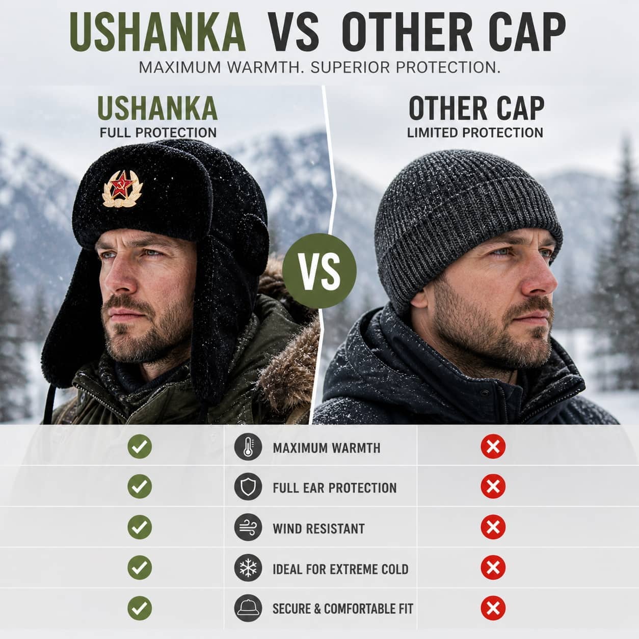 Soviet winter hat made of plush fabric for maximum warmth and cold weather protection