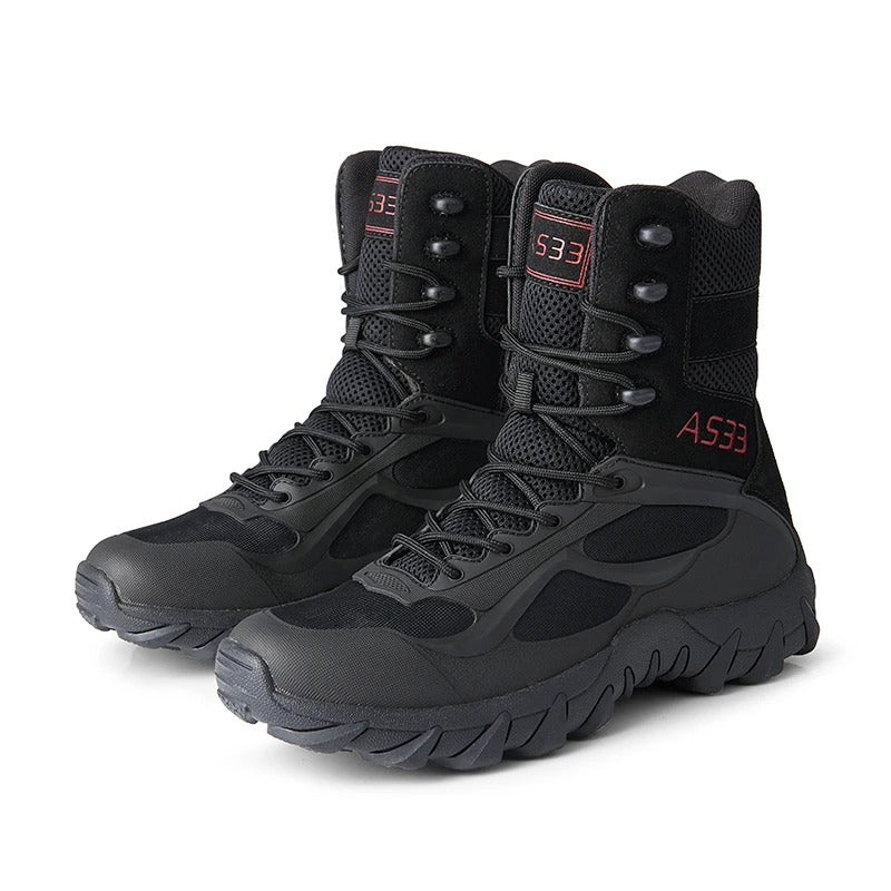 Black special forces leather boots with durable sole for tactical use