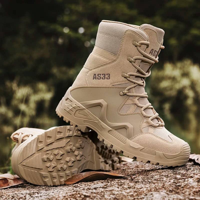 Tan special forces leather boots designed for rugged terrain and tactical use