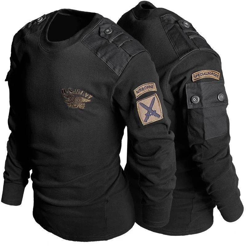 Black Special Forces T-Shirt with Military Patches and Tactical Design