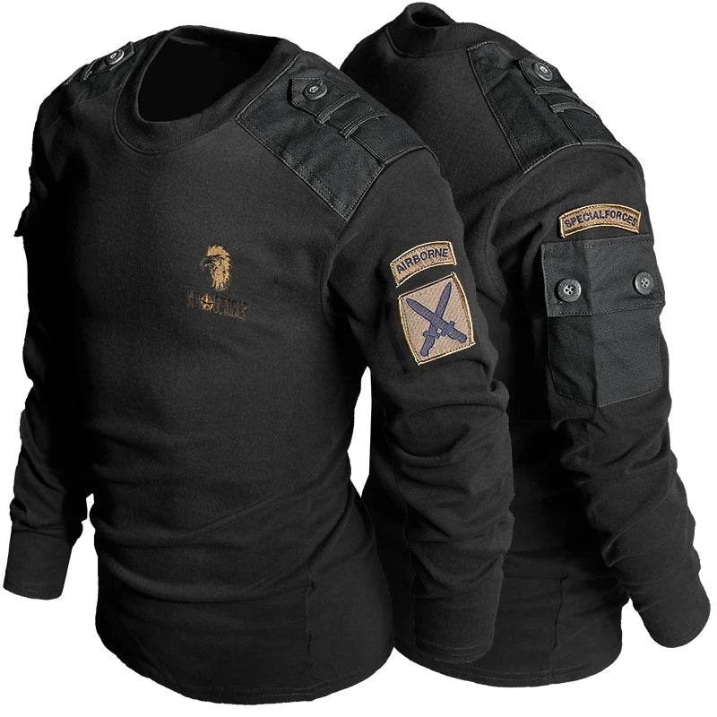 Black special forces t-shirt with shoulder patches for tactical use