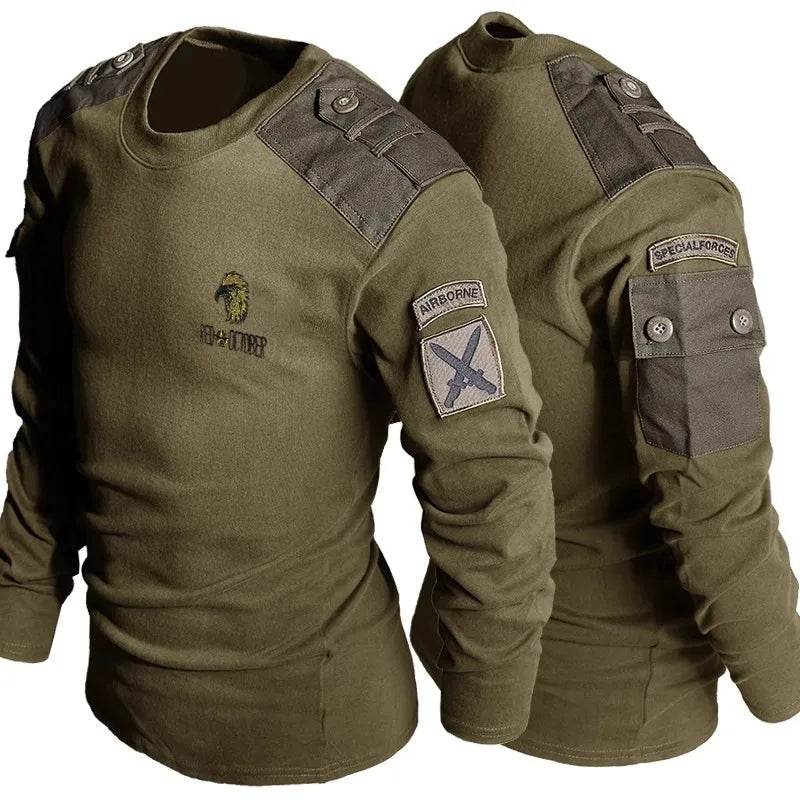 Military-Style Special Forces T-Shirt in Army Green with Tactical Patches