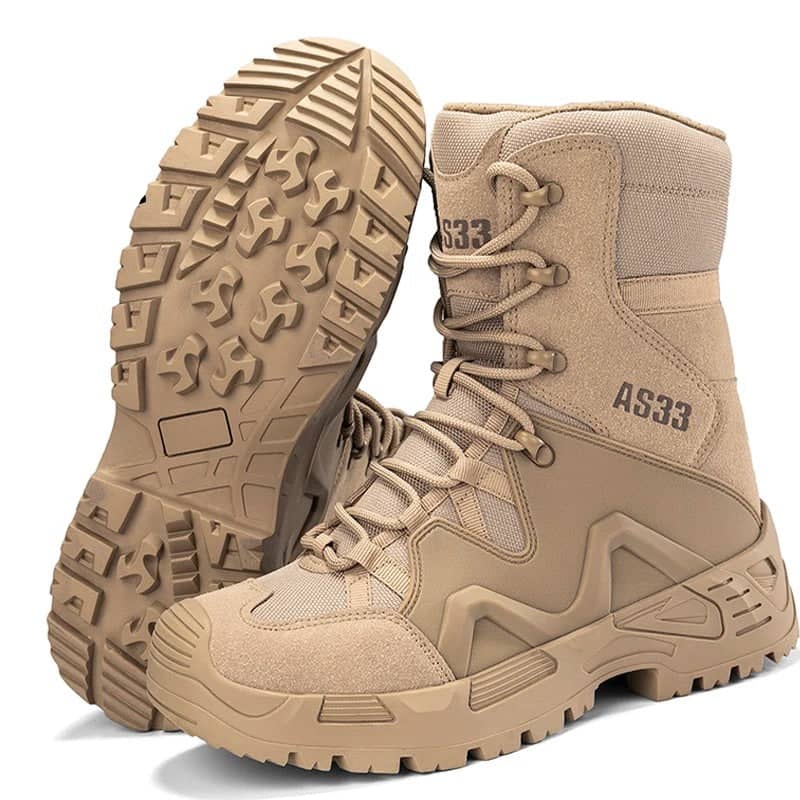 Tan split leather boots for tactical outdoor adventures