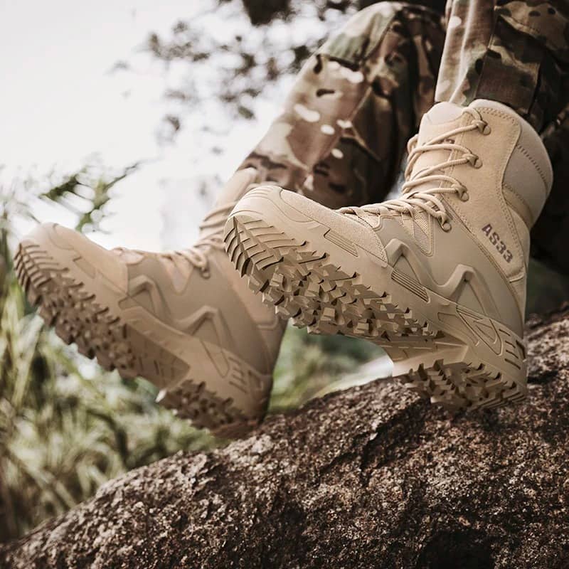Military tan split leather boots designed for tactical outdoor use