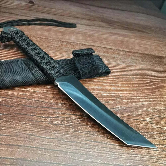 Durable stainless steel army knife with a textured handle and tactical sheath for outdoor use