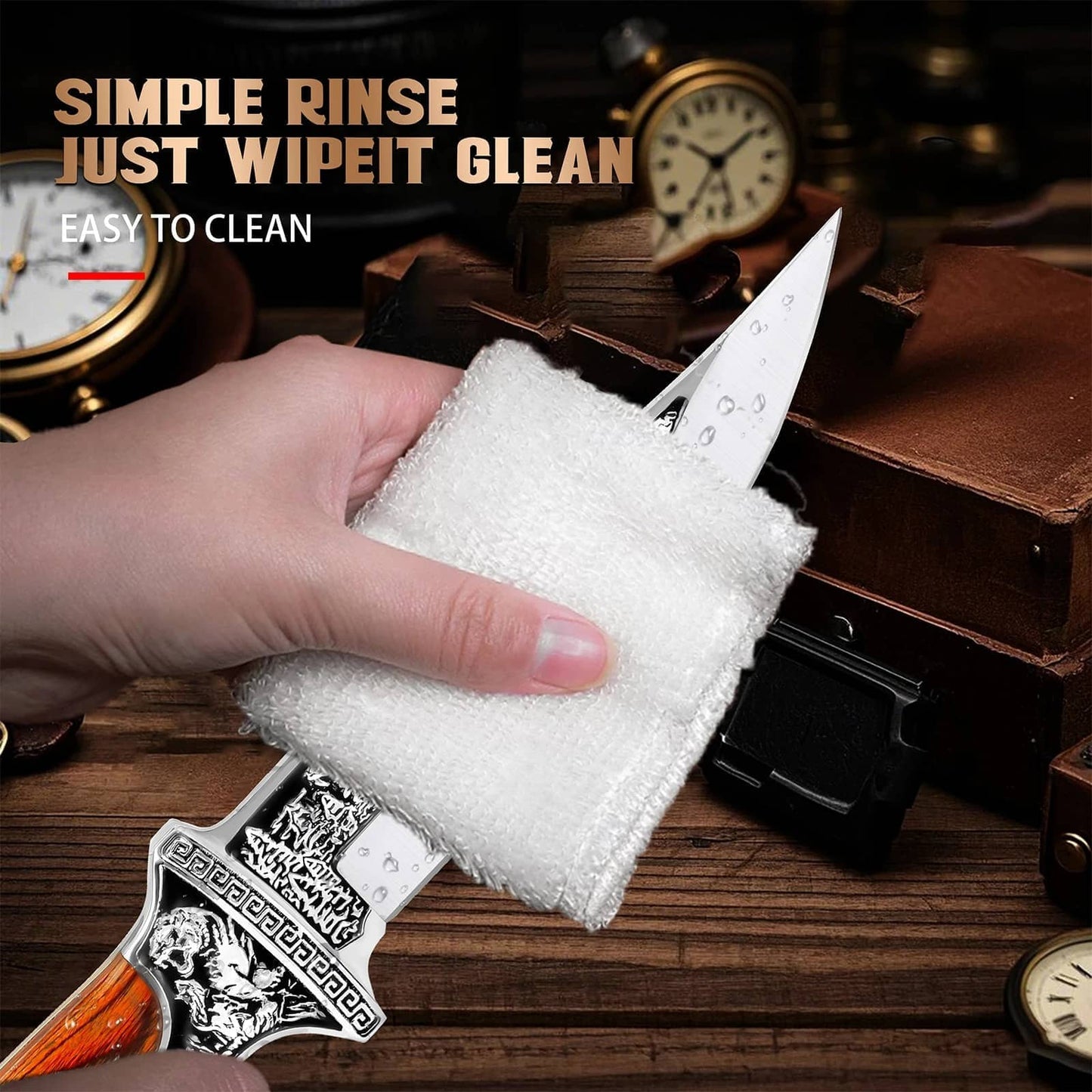 Stainless steel hunting knife with easy clean feature for outdoor use
