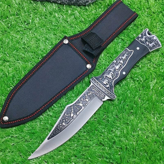 Stainless steel hunting knife with detailed handle design and protective sheath for outdoor use