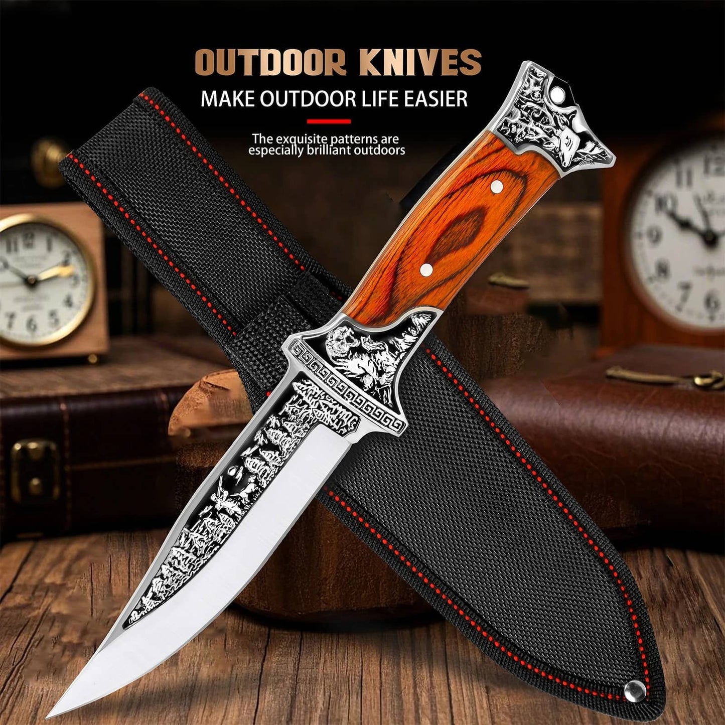 Stainless steel hunting knife with ornate handle and durable sheath