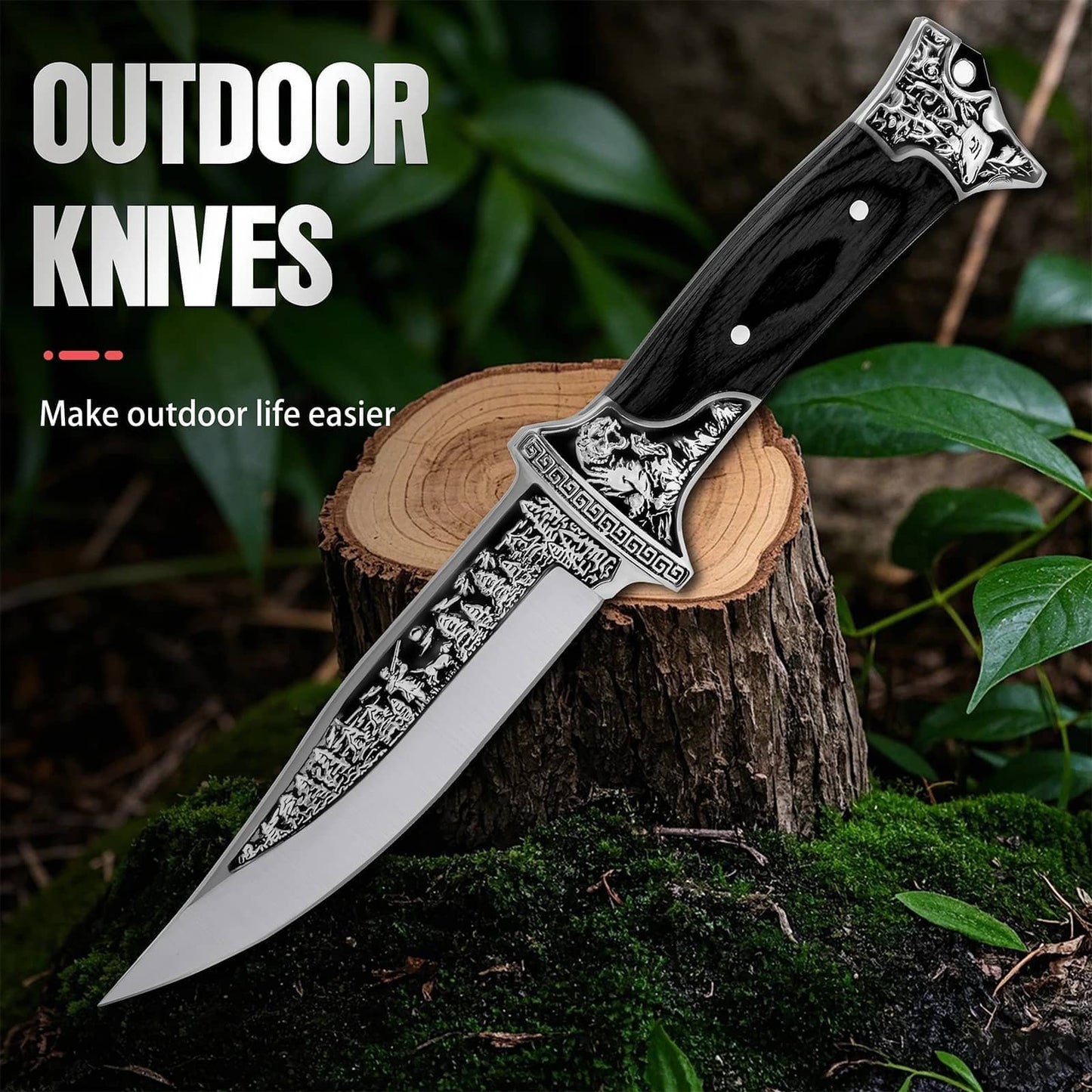 Stainless steel hunting knife with ornate handle, ideal for outdoor adventures